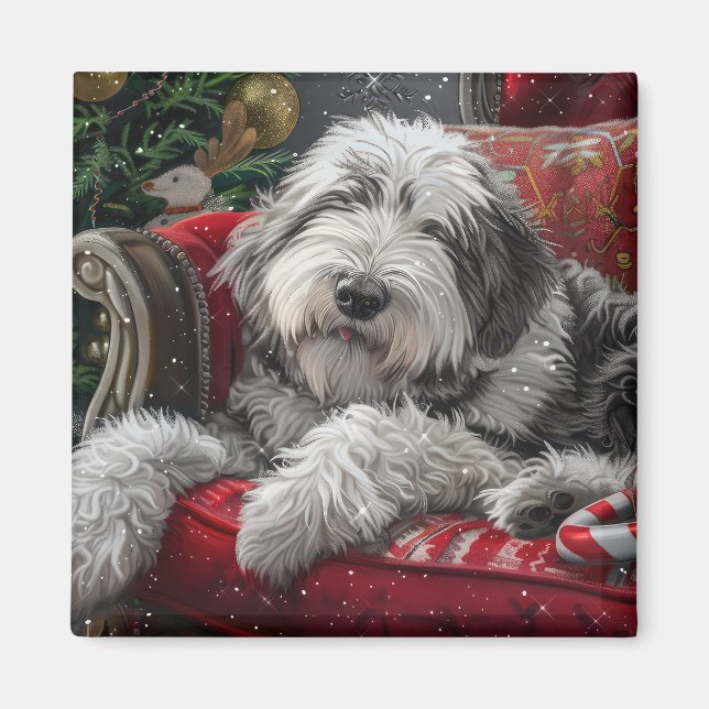Old English Sheepdog Christmas Festive Magnet (Front)