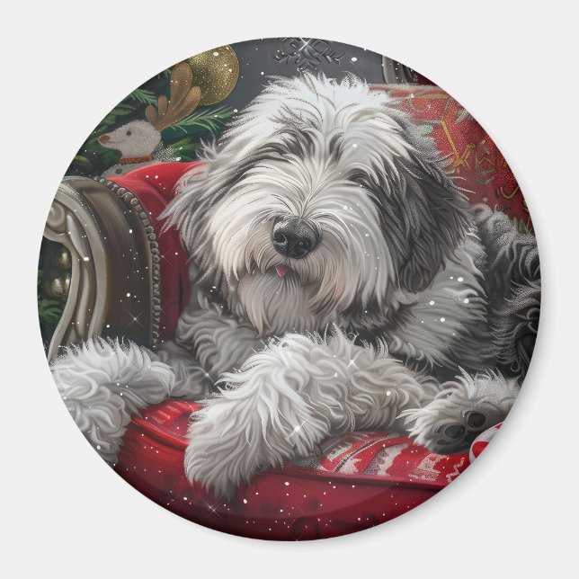 Old English Sheepdog Christmas Festive Magnet (Front)