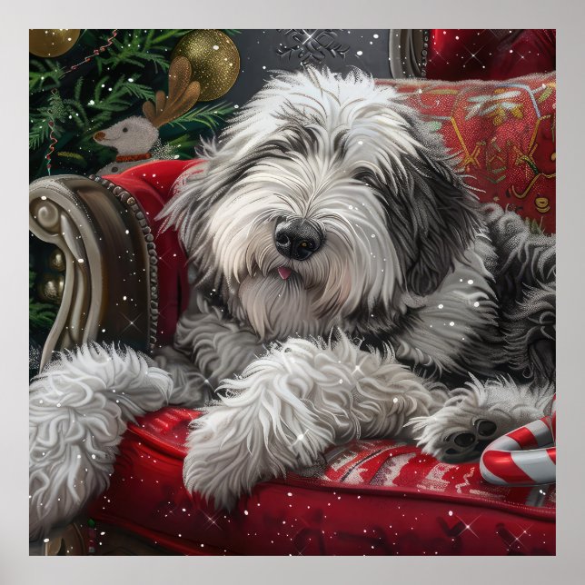 Old English Sheepdog Christmas Festive Poster (Front)