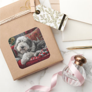 Old English Sheepdog Christmas Festive Square Sticker