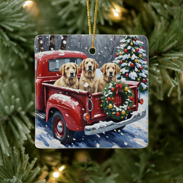 Old English Sheepdog Christmas Red Truck Holiday Ceramic Ornament (Tree)