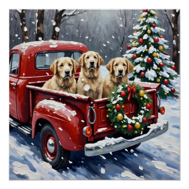 Old English Sheepdog Christmas Red Truck Holiday Poster (Front)