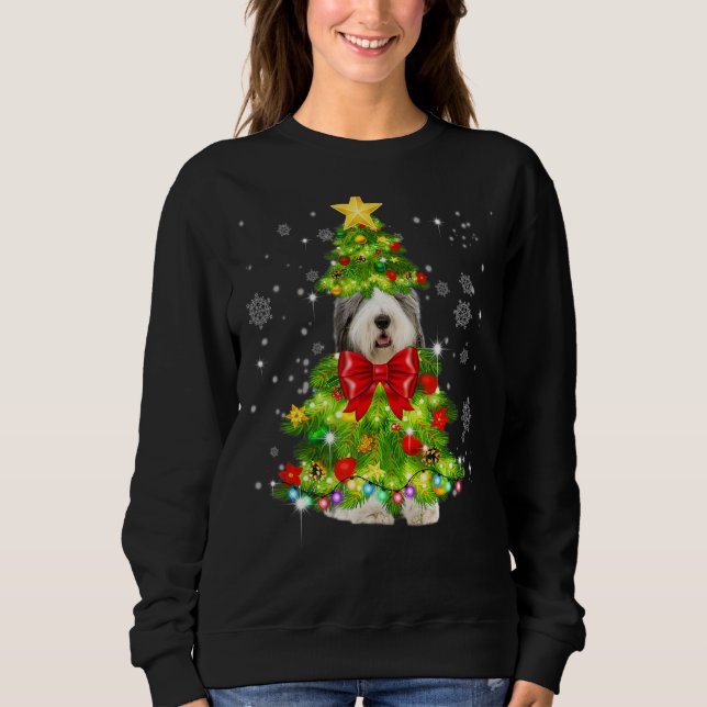 Old English Sheepdog Christmas Tree Light Xmas Dog Sweatshirt (Front)