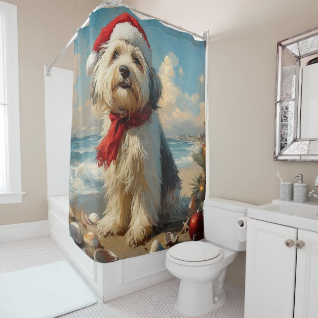 Old English Sheepdog Christmas Vintage Beach Shower Curtain (In Situ)