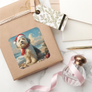 Old English Sheepdog Christmas Vintage Beach Square Sticker