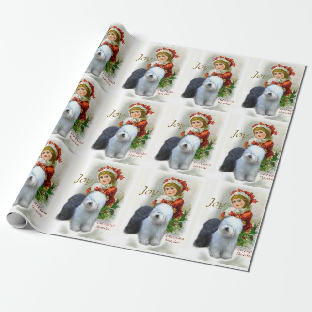 Old English Sheepdog Christmas Wrapping Paper (Unrolled)