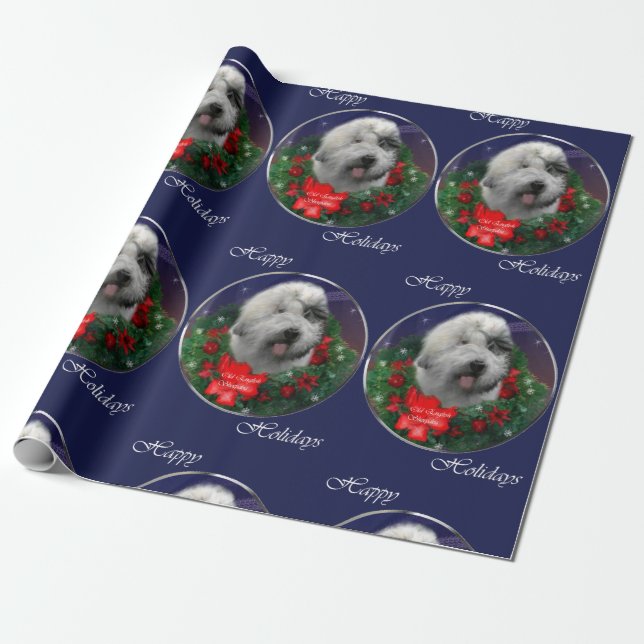 Old English Sheepdog Christmas Wrapping Paper (Unrolled)