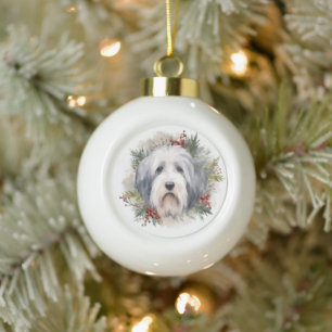 Old English Sheepdog Christmas Wreath Festive Pup Ceramic Ball Christmas Ornament