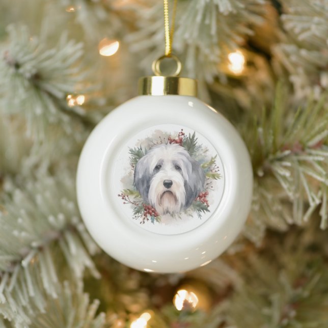 Old English Sheepdog Christmas Wreath Festive Pup  Ceramic Ball Christmas Ornament (Tree)