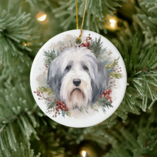 Old English Sheepdog Christmas Wreath Festive Pup Ceramic Ornament