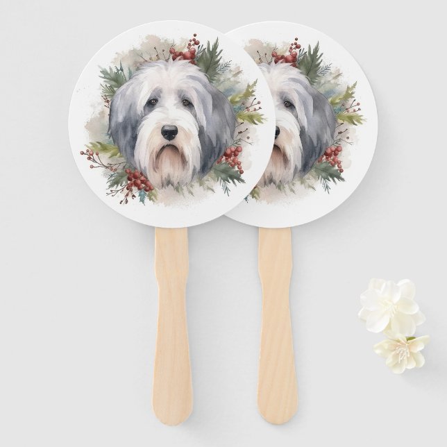 Old English Sheepdog Christmas Wreath Festive Pup  Hand Fan (Front and Back)