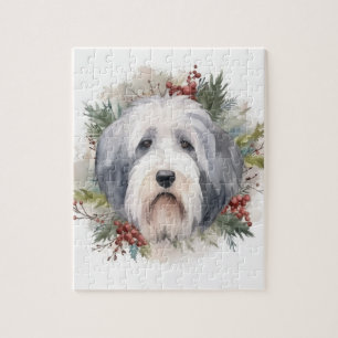 Old English Sheepdog Christmas Wreath Festive Pup Jigsaw Puzzle