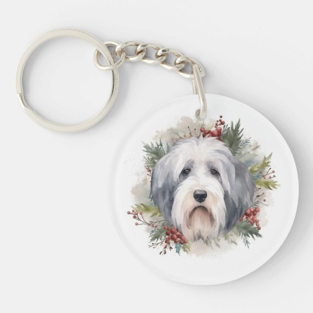 Old English Sheepdog Christmas Wreath Festive Pup  Key Ring (Front)