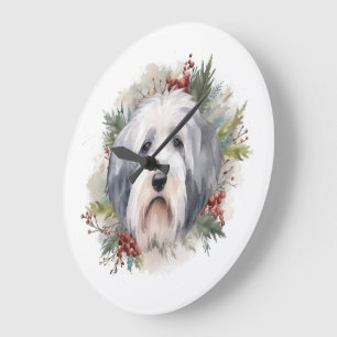 Old English Sheepdog Christmas Wreath Festive Pup Large Clock