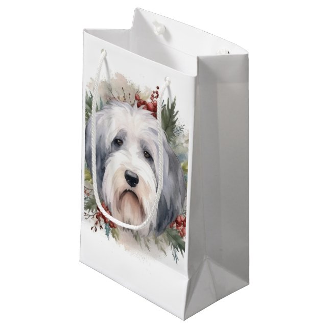 Old English Sheepdog Christmas Wreath Festive Pup  Small Gift Bag (Front Angled)