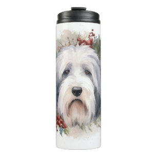 Old English Sheepdog Christmas Wreath Festive Pup  Thermal Tumbler