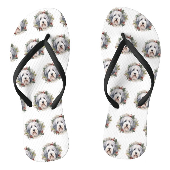 Old English Sheepdog Christmas Wreath Festive Pup  Thongs (Footbed)
