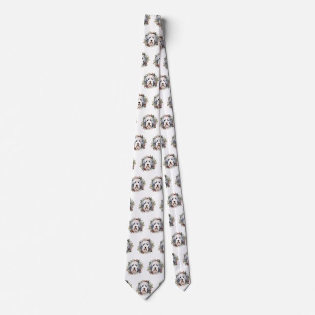 Old English Sheepdog Christmas Wreath Festive Pup  Tie (Front)