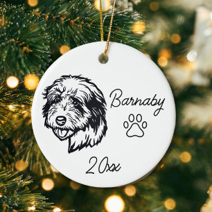 Old English Sheepdog Custom Name and Year Line Art Ceramic Ornament