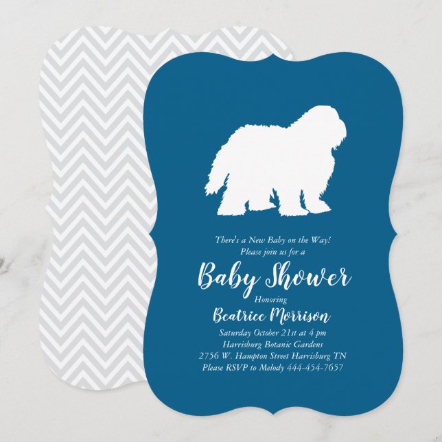Old English Sheepdog Dog Baby Shower Boy Blue Invitation (Front/Back)