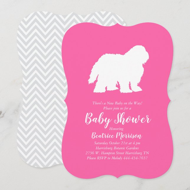Old English Sheepdog Dog Baby Shower Girl Pink Invitation (Front/Back)