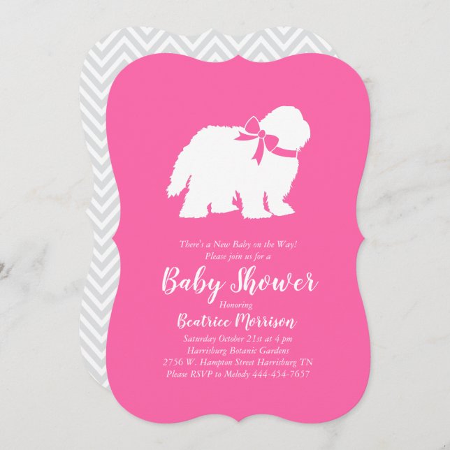 Old English Sheepdog Dog Baby Shower Girl Pink Invitation (Front/Back)
