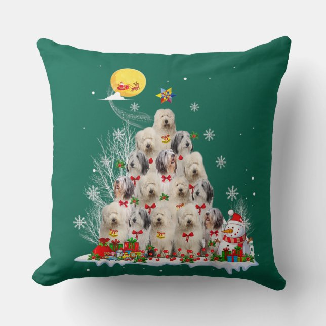 Old English Sheepdog Dog Reindeer Pine Christmas Cushion (Front)