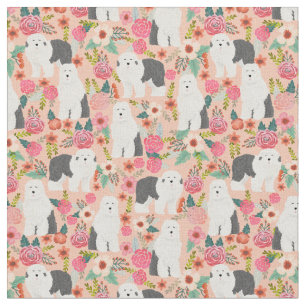 old english sheepdog dog vintage florals peach fabric