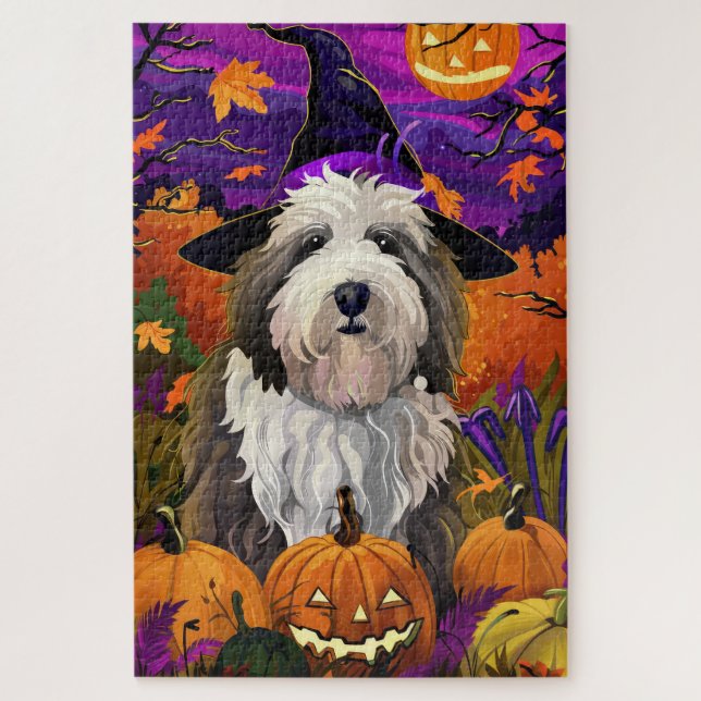 Old English Sheepdog Halloween Witch Pumpkin Jigsaw Puzzle (Vertical)