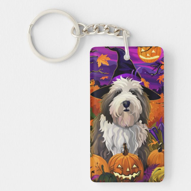 Old English Sheepdog Halloween Witch Pumpkin Key Ring (Front)