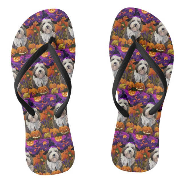 Old English Sheepdog Halloween Witch Pumpkin Thongs (Footbed)