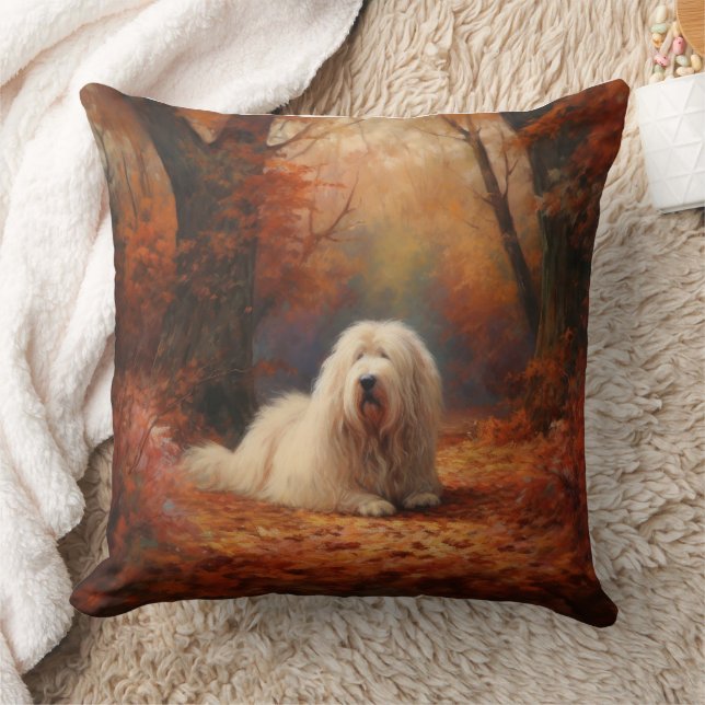 Old English Sheepdog in Autumn Leaves Fall Inspire Cushion (Blanket)