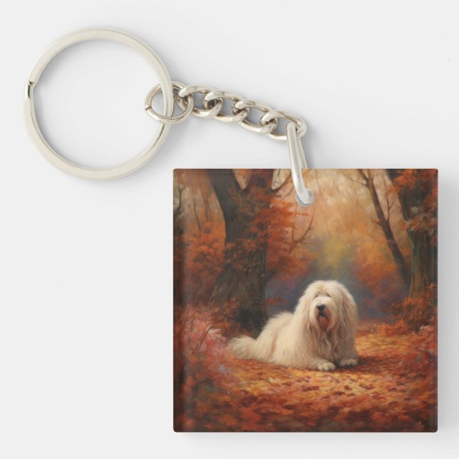 Old English Sheepdog in Autumn Leaves Fall Inspire Key Ring (Front)