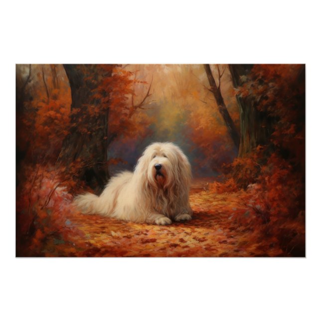 Old English Sheepdog in Autumn Leaves Fall Inspire Poster (Front)