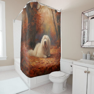 Old English Sheepdog in Autumn Leaves Fall Inspire Shower Curtain
