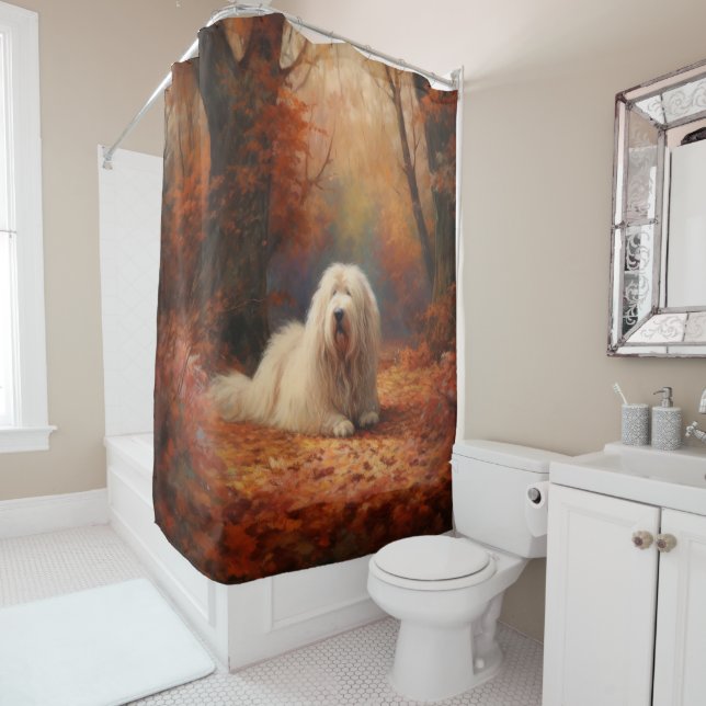 Old English Sheepdog in Autumn Leaves Fall Inspire Shower Curtain (In Situ)