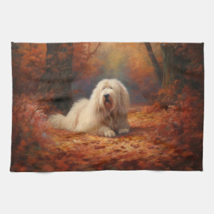 Old English Sheepdog in Autumn Leaves Fall Inspire Tea Towel