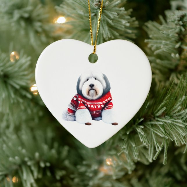 Old English Sheepdog in Christmas Sweater Ceramic Ornament (Tree)