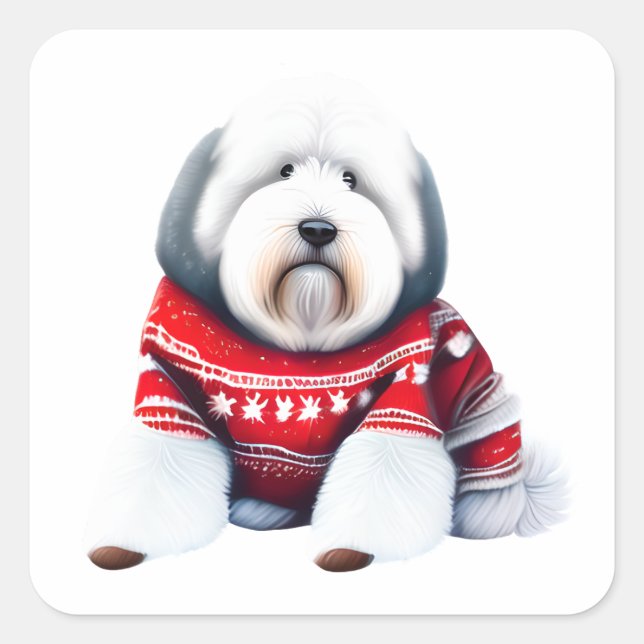 Old English Sheepdog in Christmas Sweater Sticker (Front)