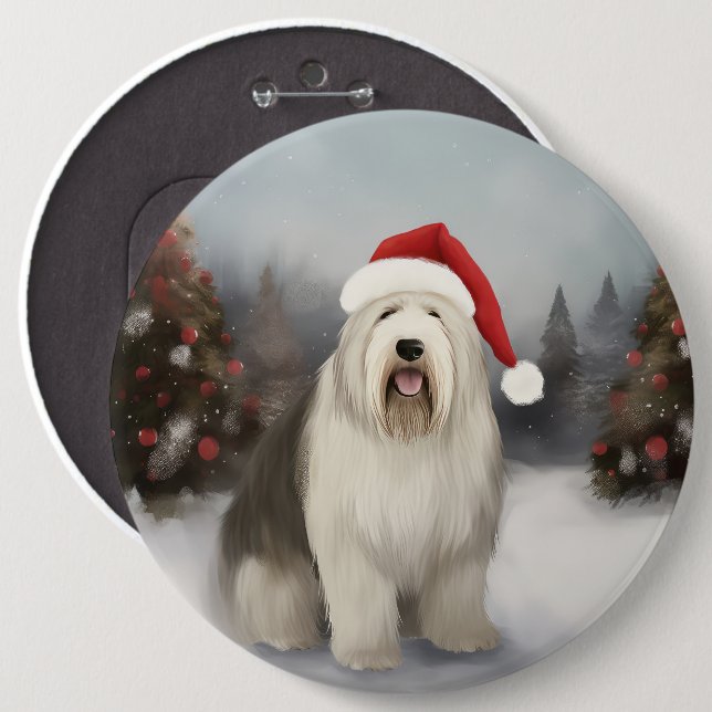 Old English Sheepdog in Snow Christmas 6 Cm Round Badge (Front & Back)