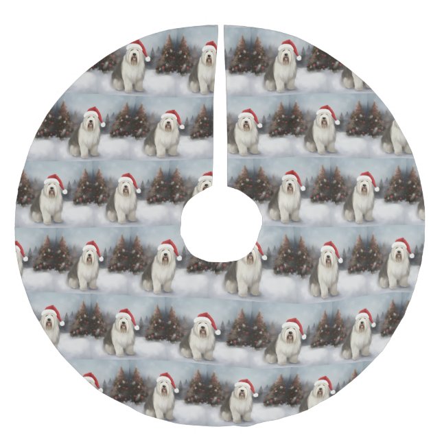 Old English Sheepdog in Snow Christmas Brushed Polyester Tree Skirt (Front)