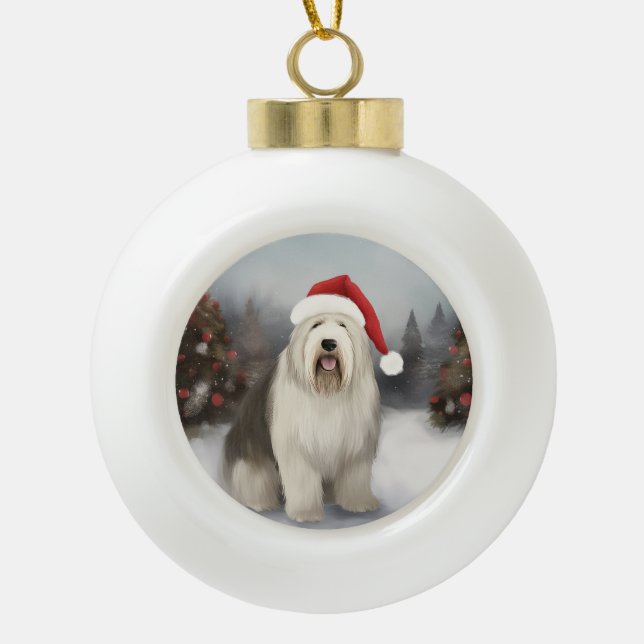 Old English Sheepdog in Snow Christmas Ceramic Ball Christmas Ornament (Front)