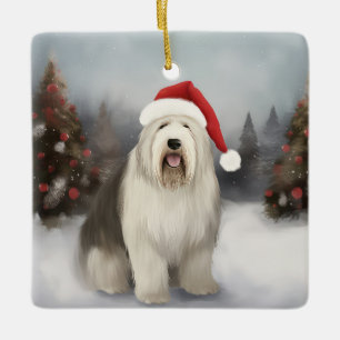Old English Sheepdog in Snow Christmas Ceramic Ornament