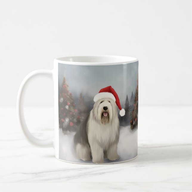 Old English Sheepdog in Snow Christmas Coffee Mug (Left)