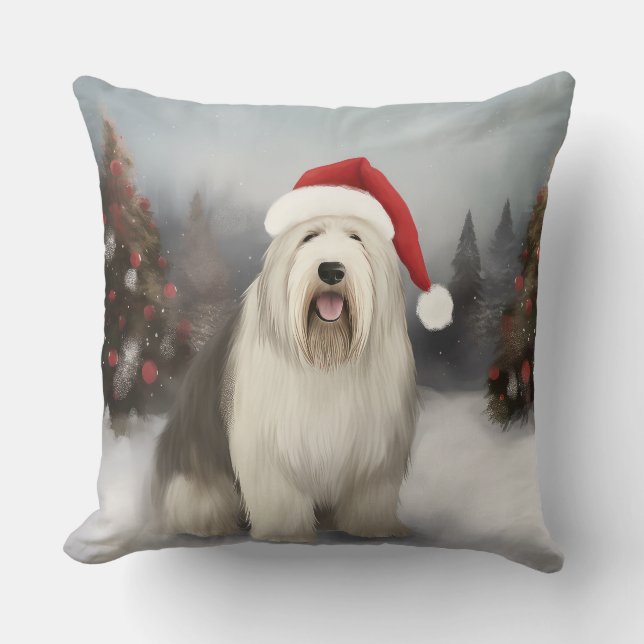 Old English Sheepdog in Snow Christmas Cushion (Front)