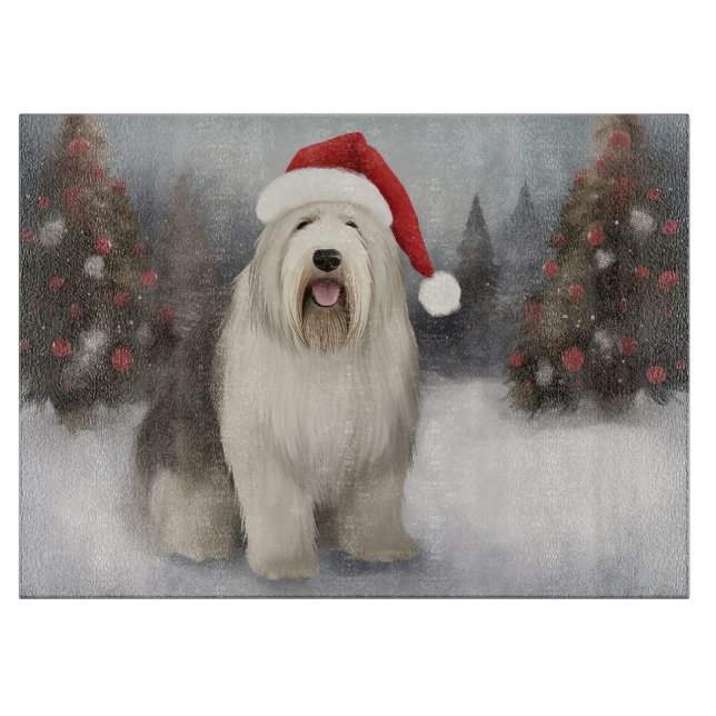 Old English Sheepdog in Snow Christmas Cutting Board (Front)