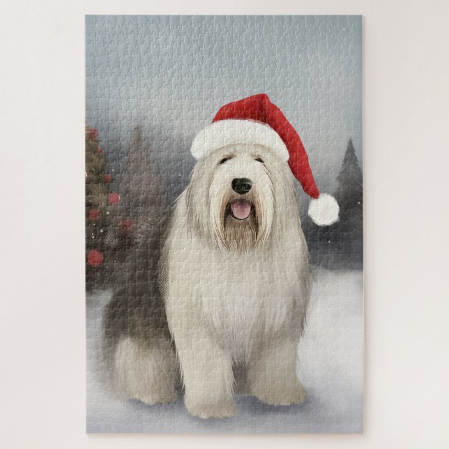 Old English Sheepdog in Snow Christmas Jigsaw Puzzle (Vertical)