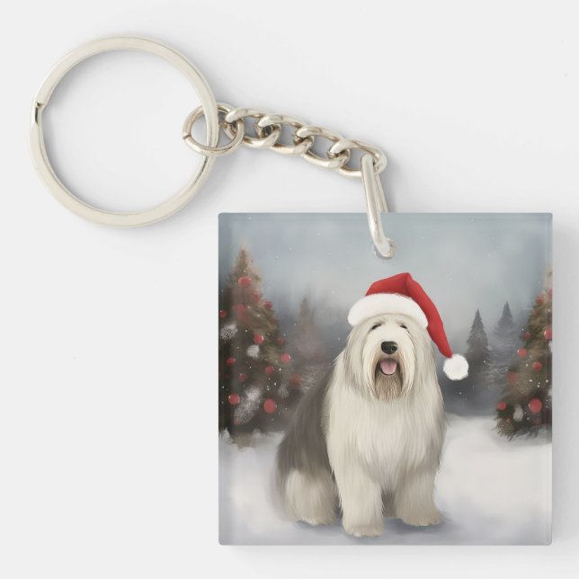 Old English Sheepdog in Snow Christmas Key Ring (Front)