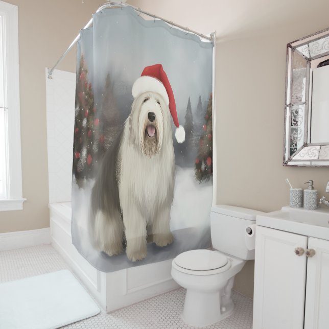 Old English Sheepdog in Snow Christmas Shower Curtain (In Situ)