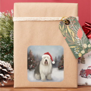 Old English Sheepdog in Snow Christmas Square Sticker